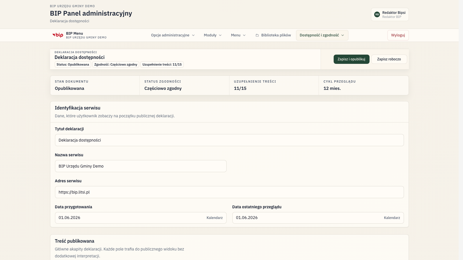 Realny widok deklaracji dostępności w Bipsi CMS w testowej instancji BIP Demo