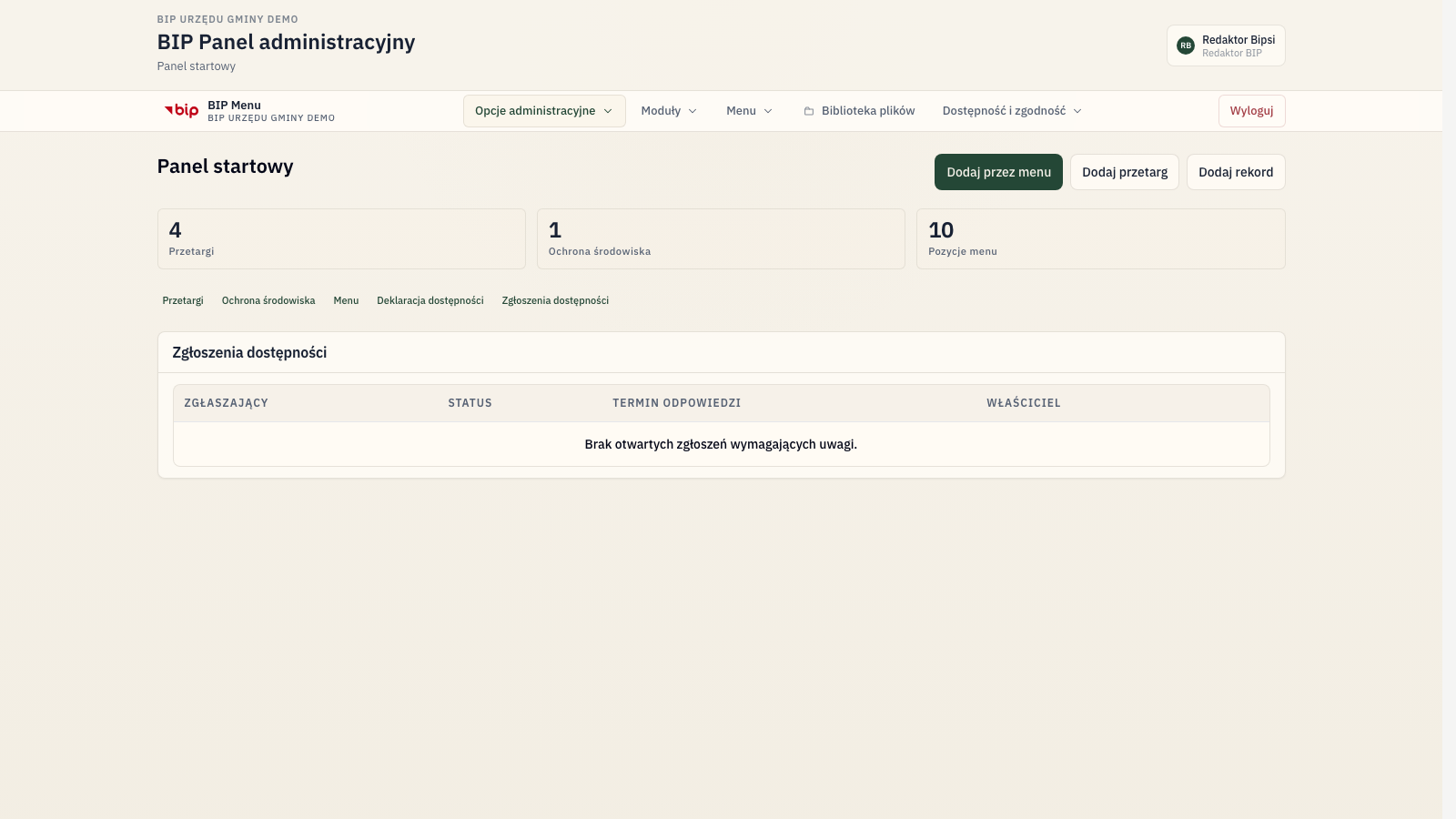 Realny panel administracyjny Bipsi CMS w testowej instancji z modułami BIP i zgłoszeń dostępności