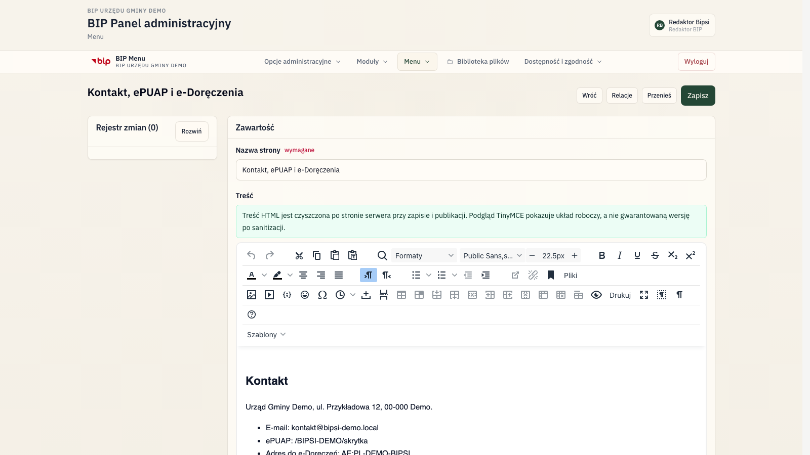 Realny edytor strony w Bipsi CMS w testowej instancji BIP Demo