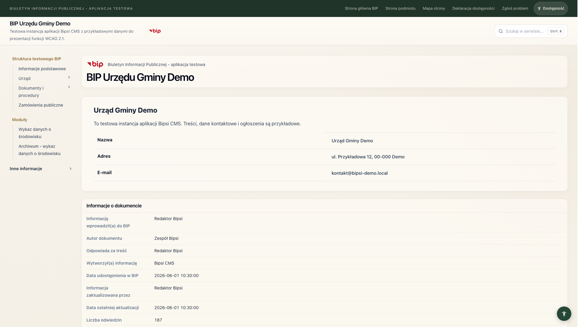 Publiczna strona główna testowego BIP Urzędu Gminy Demo prowadzonego w Bipsi CMS