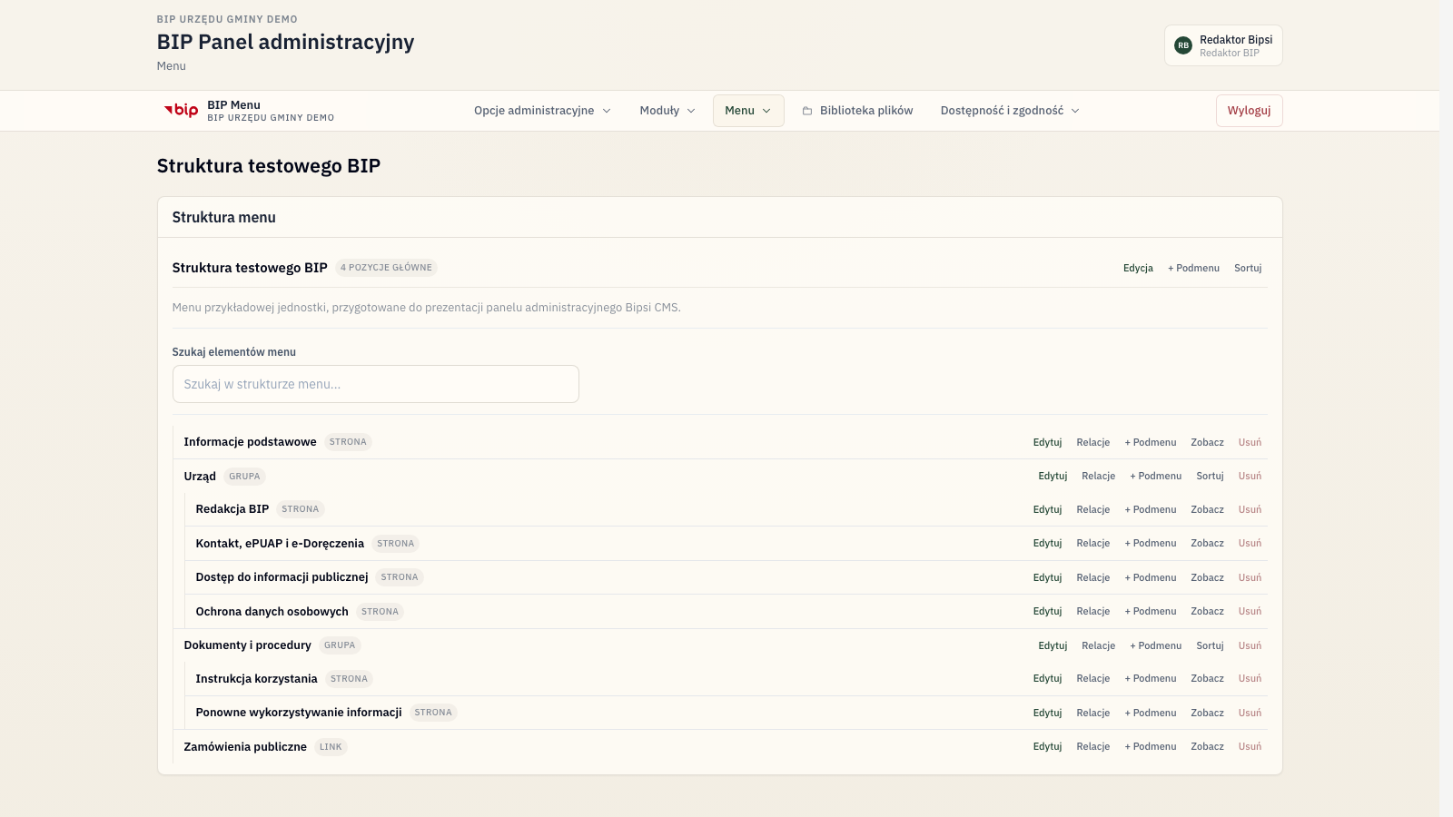 Realny widok zarządzania menu w Bipsi CMS w testowej instancji BIP Demo